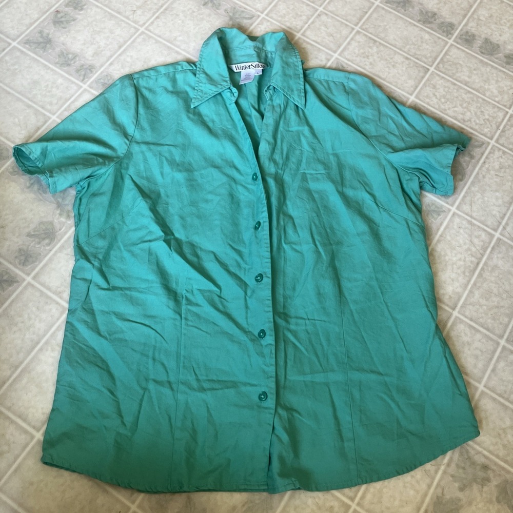 Winter Silks Lagenlook Short Slv Blouse Silk blend Vtg Turquoise large 90s Loose